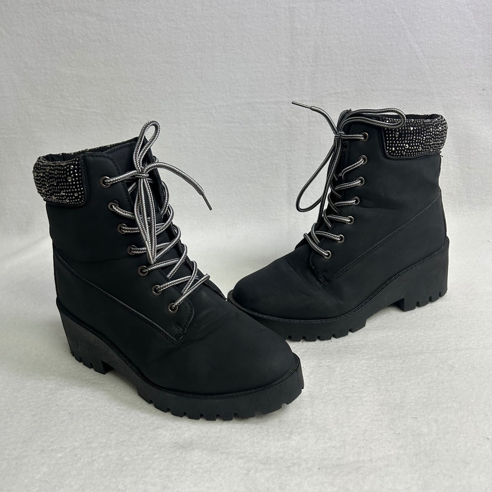 Grunge Rouge Helium Womens 8 Black Rhinestone Studded Chunky Lug Combat Boots